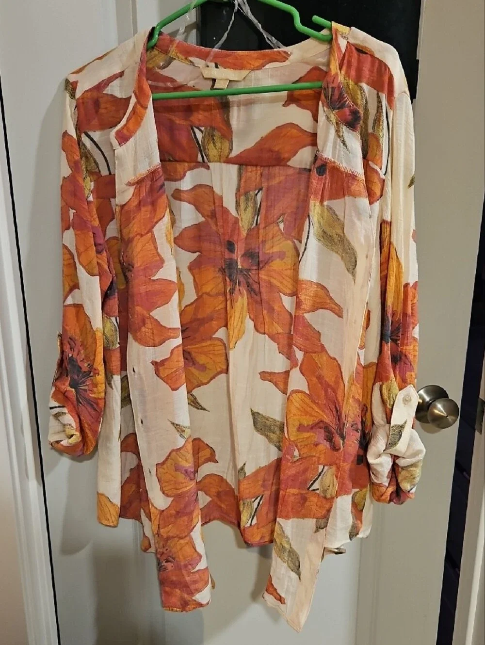 Floral Button-Front Blouse in Orange and Cream